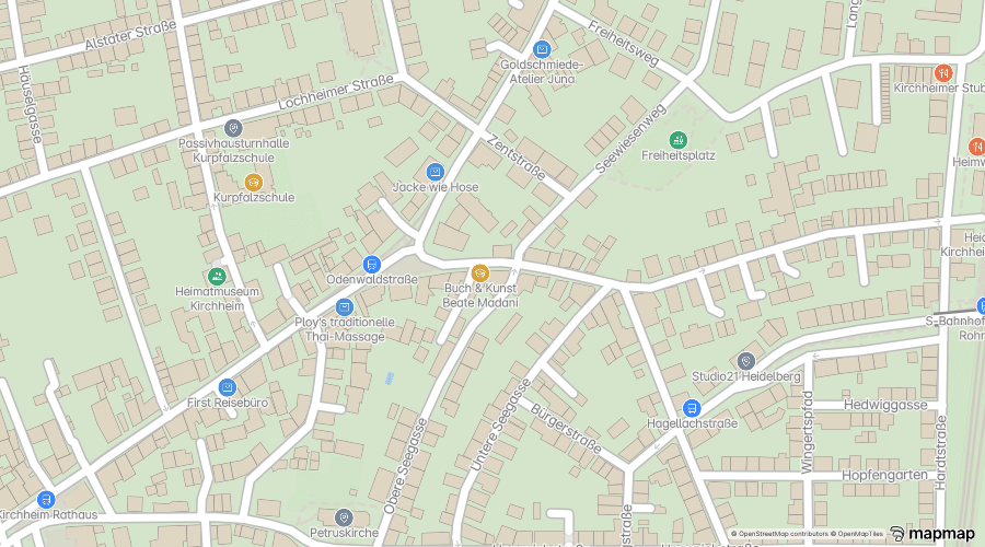 Statische Straßenkarte von Heidelberg-Kirchheim mit dem Standort von Laser Aesthetic an der Odenwaldstraße 22. © OpenStreetMap-Mitwirkende.