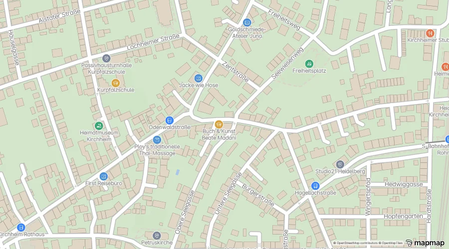 Statische Straßenkarte von Heidelberg-Kirchheim mit dem Standort von Laser Aesthetic an der Odenwaldstraße 22. © OpenStreetMap-Mitwirkende.